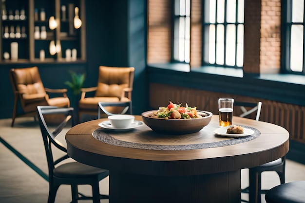 Een tafel met daarop een schaaltje salade en een glas bier