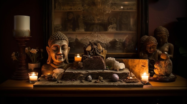 Een tafel met een boeddhabeeld en kaarsen