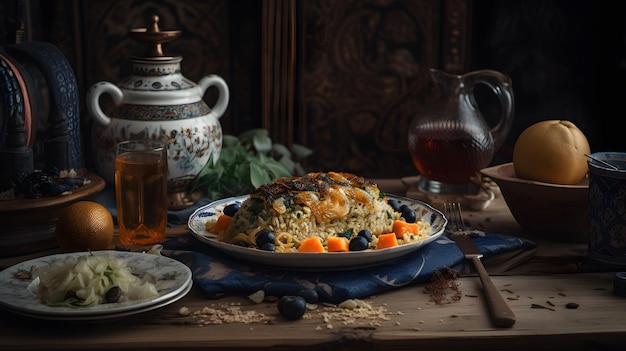 Een tafel met een bord eten en een theepot met bosbessen erop