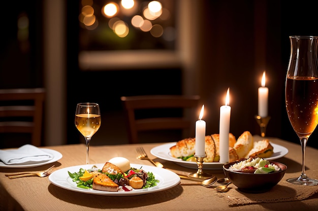 Foto een tafel met een bord eten en wijnglazen met een brandende kaars