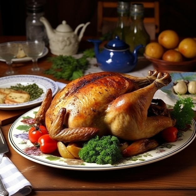 Een tafel met een bord eten, waaronder een kip en broccoli.