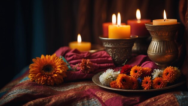 een tafel met een bord met bloemen en kaarsen met een kaars op de achtergrond