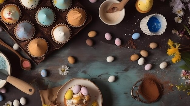 Een tafel met een bord paascupcakes en een bord eieren erop