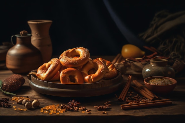 Een tafel met een bord pretzels en andere etenswaren.