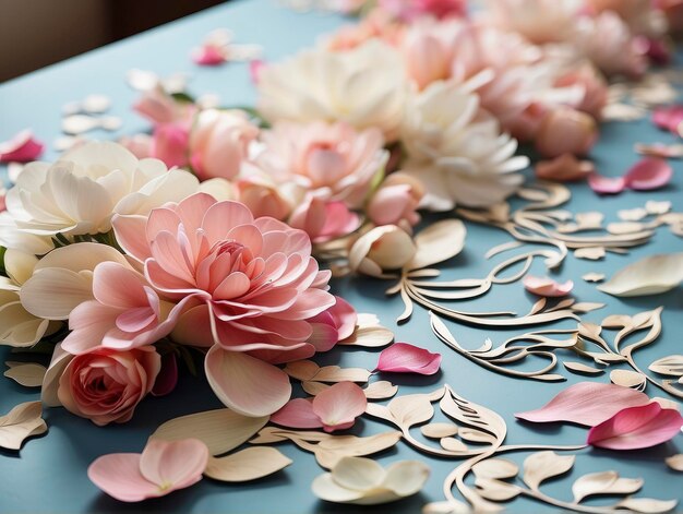 een tafel met een bos bloemen erop en bloemblaadjes op tafel