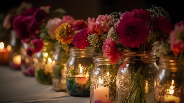 Een tafel met een bos bloemen erop