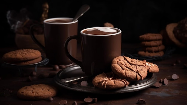 Een tafel met een dienblad met koffie en koekjes met chocoladeschilfers en een kopje koffie