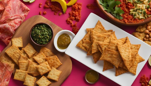 een tafel met een dienblad met voedsel, waaronder een salade en een kom salsa