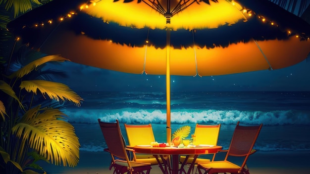 Een tafel met een gele parasol en een gele parasol op het strand.
