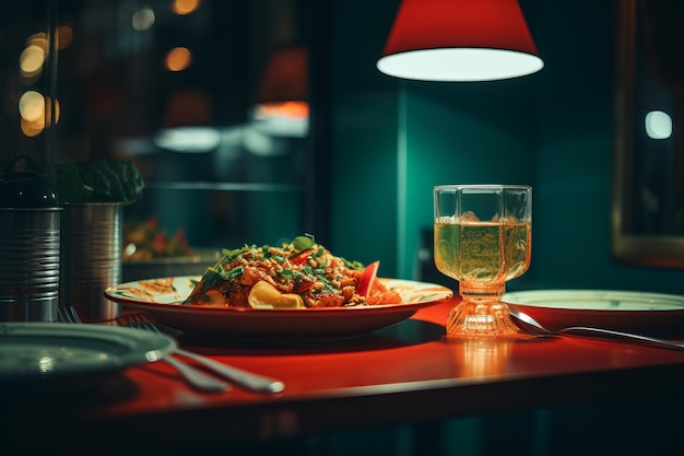 een tafel met een glas wijn en een bord eten