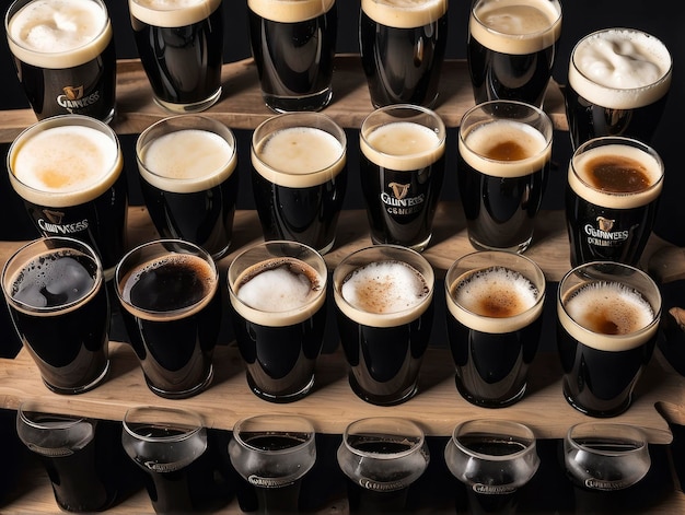 een tafel met een hoop glazen bier erop en een houten dienblad met glazen bier daarop