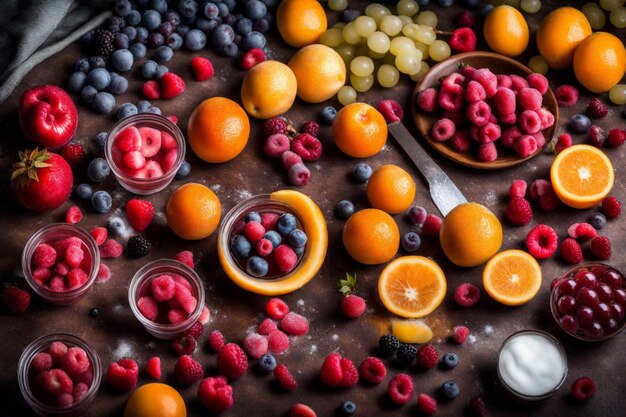 een tafel met een hoop verschillende vruchten, waaronder bessen en sinaasappels