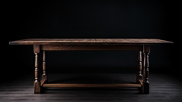 een tafel met een houten top en een zwarte achtergrond