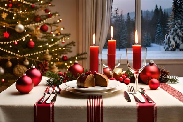 Een tafel met een kerstboom en een bord met rode kaarsen en een bord chocolade.