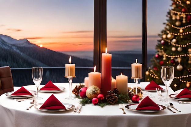 Een tafel met een kerstboom en kaarsen voor een raam met uitzicht op de bergen.