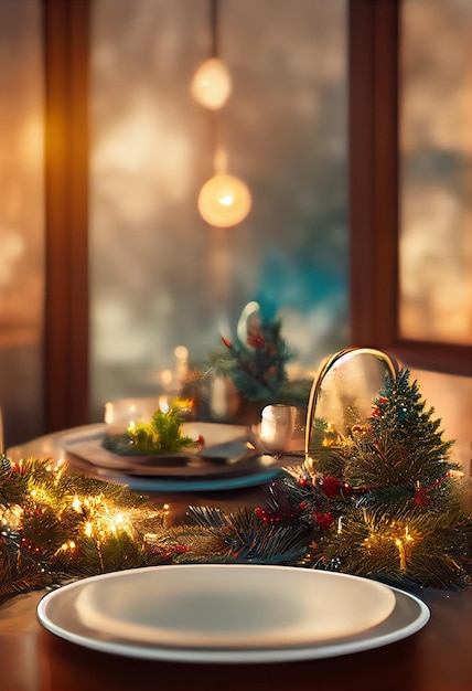 Een tafel met een kerstboom en lampjes