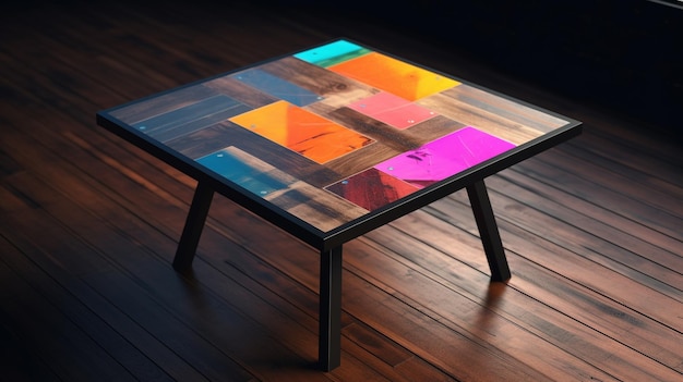 Een tafel met een kleurrijk design erop