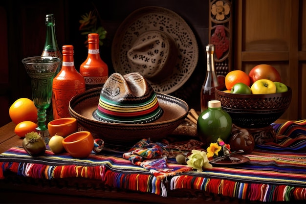 Een tafel met een kleurrijk tafelkleed en een schaal met fruit en een fles tequila.