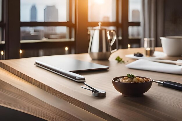 Een tafel met een kom eten en een laptop erop.