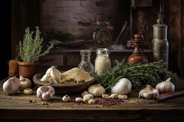 een tafel met een kom knoflook, knoflook en knoflook.