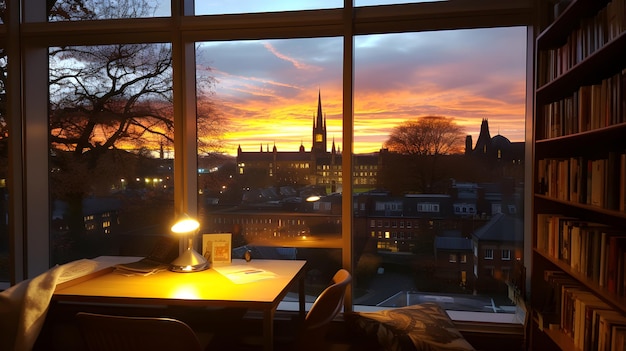 een tafel met een lamp erop voor een raam Raam uitzicht vanuit het raam van de universiteit