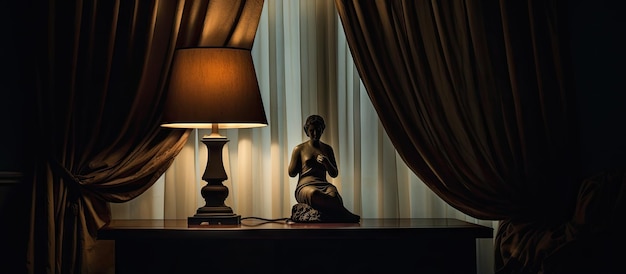 Een tafel met een lampbeeld en gordijnen voor een raam