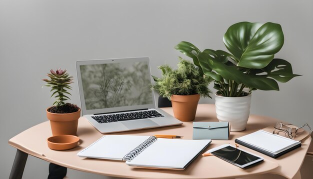 een tafel met een laptop en planten erop