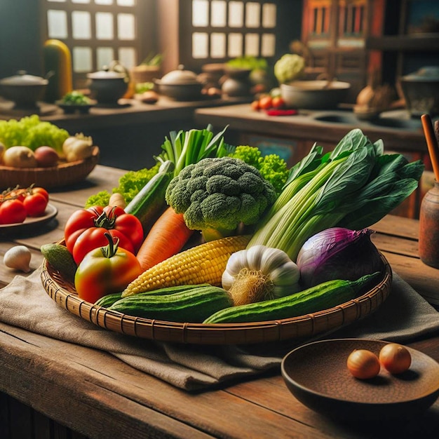 Foto een tafel met een mandje met groenten, waaronder broccoli, radijs en andere groenten