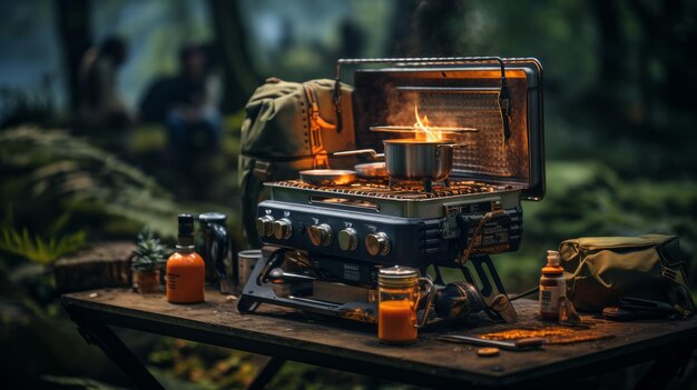 Een tafel met een open oven en kookgerei