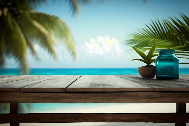 Een tafel met een palmboom en een blauwe zee op de achtergrond