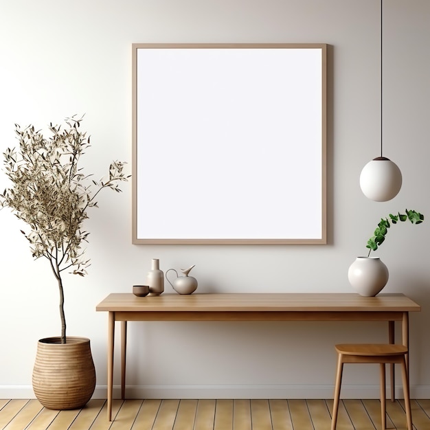 Een tafel met een plant en een fotoframe aan de muur