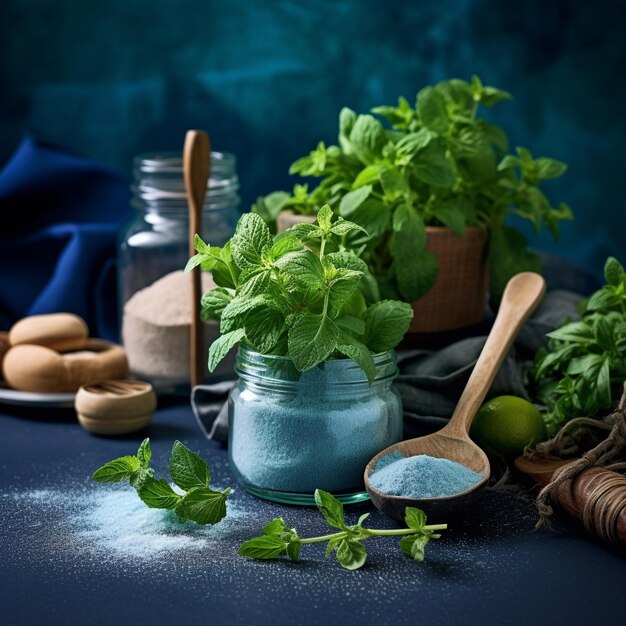 een tafel met een pot munt-munt-knoflook en andere ingrediënten