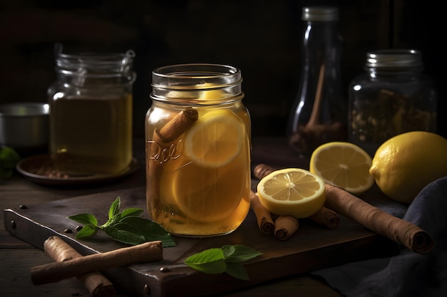 Een tafel met een potje limonade en een paar andere potjes limonade.