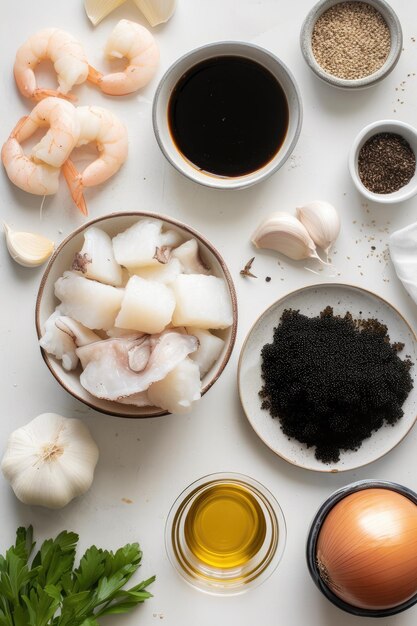 Foto een tafel met een schaal voedsel en een schaal knoflook