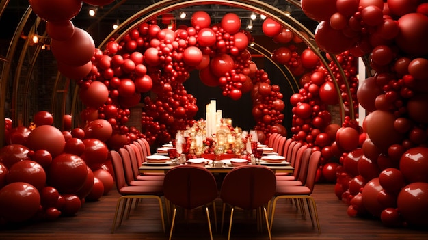 Een tafel met een tafel en stoelen en een grote ballonboog