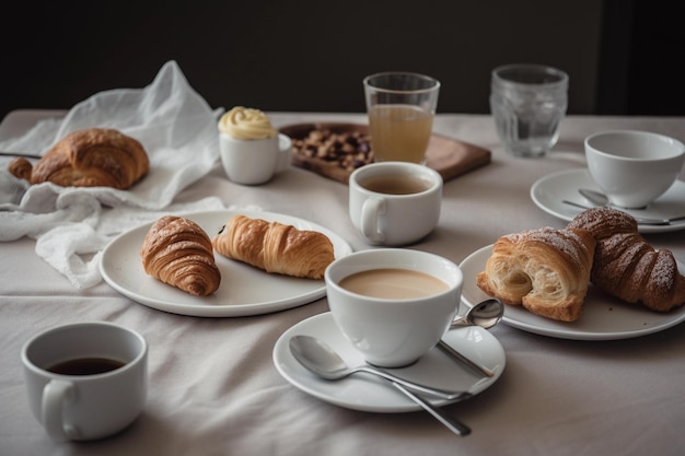 Een tafel met een tafel vol eten en kopjes koffie en croissants.