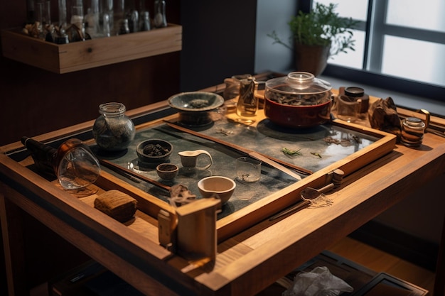 Een tafel met een tafel waarop een glas staat en een pot thee erop.