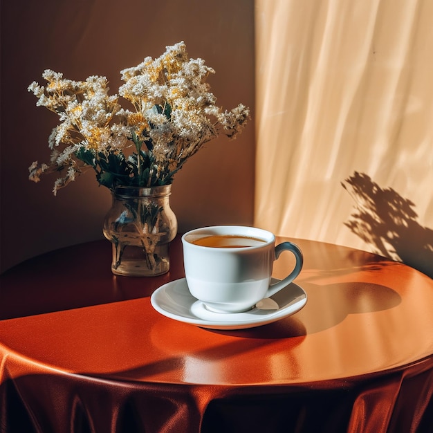 Een tafel met een vaas bloemen en een kopje koffie erop