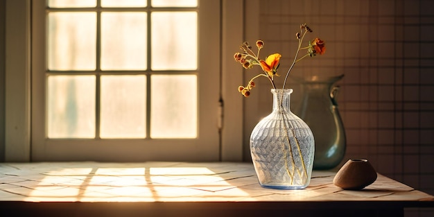 Een tafel met een vaas en water in een wit betegelde wand naast een raam