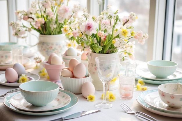 een tafel met een vaas met bloemen en een vase met bloemen erop