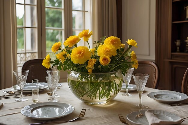 Foto een tafel met een vaas met gele bloemen en zilverwerk erop