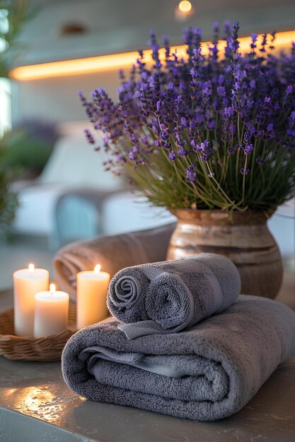 Een tafel met een vaas met lavendelbloemen en twee gerolde handdoeken en twee kaarsen erop met een mandje