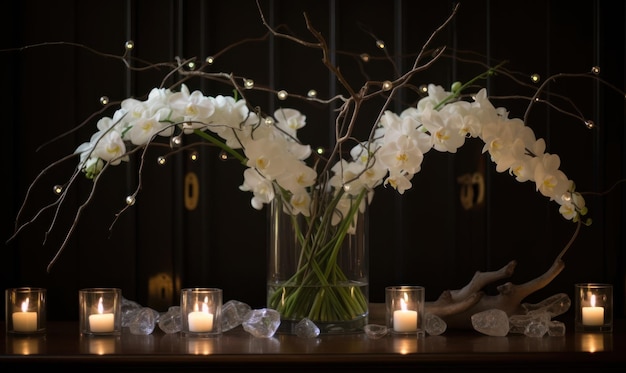 Een tafel met een vaas witte orchideeën en kaarsen met een cijfer 10 erop.