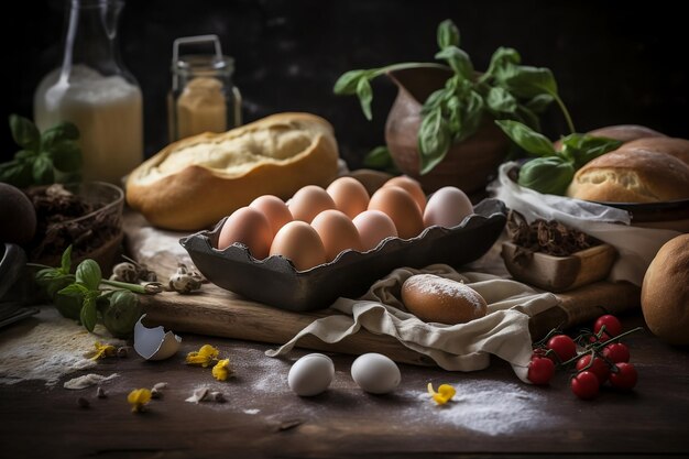 Een tafel met een verscheidenheid aan eten, waaronder eieren, brood en boter.