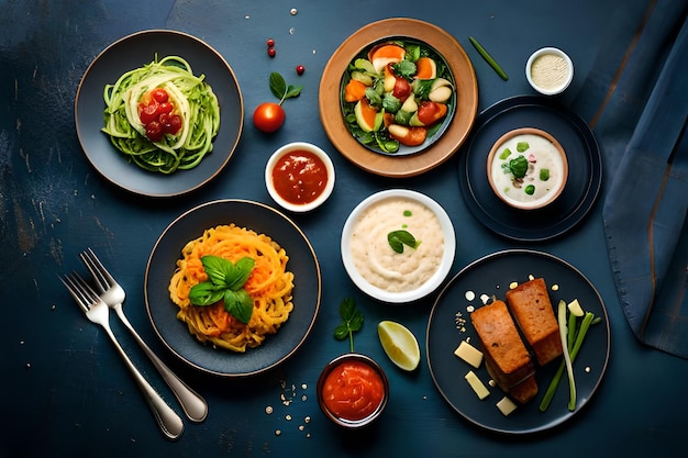 een tafel met een verscheidenheid aan gerechten, waaronder pasta, groenten en andere gerechten.