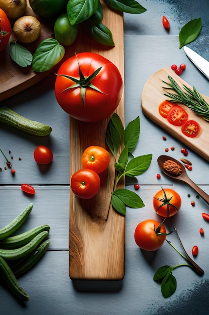 Een tafel met een verscheidenheid aan groenten, waaronder komkommers, tomaten en kruiden.