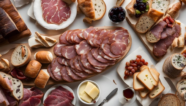 een tafel met een verscheidenheid aan kaas, vlees en kazen