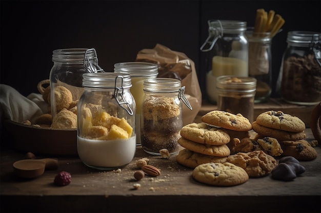 Een tafel met een verscheidenheid aan koekjes en ander gebak en wat noten foodfotografie