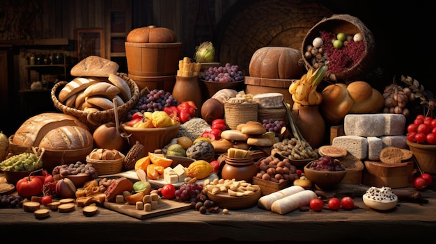 een tafel met een verscheidenheid aan voedsel, waaronder een mand met kaas, druiven en andere artikelen