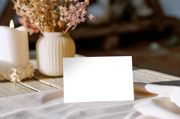 een tafel met een witte kaart en een paar kaarsen